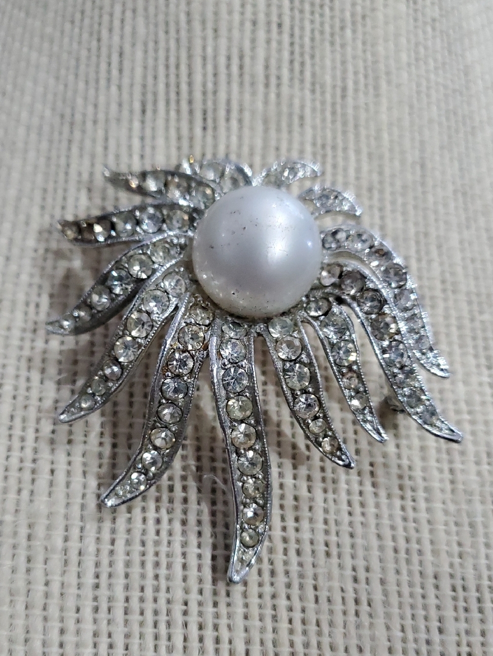 Silver Crystal Sunburst Brooch with White Pearl Center - Women Jewelry